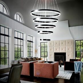 LEDModern Led 5 Rings Black Chandelier for Dining Room,Dimmable with Remote,Acrylic Adjustable Circle Lighting Fixture Ceiling Hanging Modern LED Pendant Light