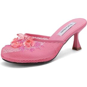 Women's Mesh Mule Slip On Sandals With Floral Sequin Embellishments Round Toe Middle Heel Slides Slippers 2.5 Inch