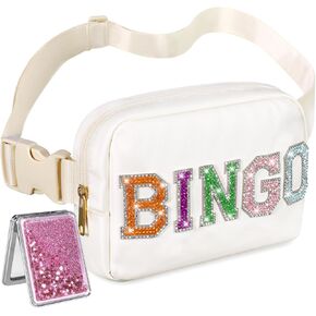 Sequins Letters BINGO Fanny Pack with Quicksand Mirror, Nylon Belt Bags Women Girls Makeup Bag for Bingo Game Lovers Lucky Gifts Game Night Party Favors (Beige)