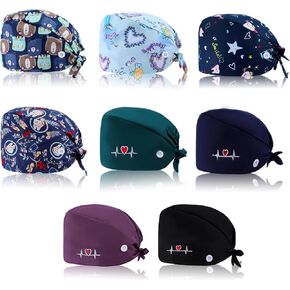 8 Pcs Elastic Nurse Hats Teeth Pattern Working Hats Bulk for Women Dental Caps Adjustable Dentist Scrub Cap Colorful