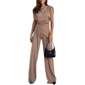 Women's Summer Pants Suits Dressy Casual Irregual Jumpsuits Two Piece Outfits Sleeveless Wide Leg Rompers