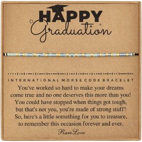 RareLove Happy Graduation 2025 Graduation Gifts for Her Morse Code Beaded Bracelet for Women College High School Unique Graduation Gifts for Daughter Sister Blue Gold Pony Seed Tiny Beads