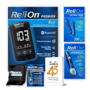 ReliOn Premier BLU Glucose Monitor Kit with Bluetooth. Complete Diabetes Care Bundle with Test Strips, Lancets & Lancing Device & Lual's 45 Diabetes Decoded