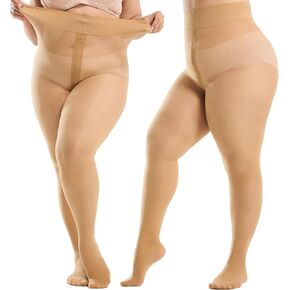 2 Pairs Plus Size Tights for Women,Semi-Sheer T-Crotch Rip Resistant High Waist Pantyhose with Reinforced Toes