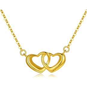 SISGEM 18k Yellow Gold Double Heart Necklace for Women, Engraved Love Gold Jewelry Gifts for Wife, Present for Her, 17"