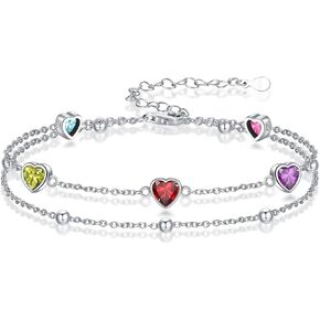 Birthstone Anklet/Bracelets for Women 925 Sterling Silver Charm Link Double Strand Heart Birthstone Jewelry Gift for Wife Women Mother's Day Gift