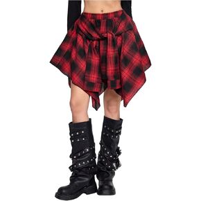 Verdusa Women's Y2k Plaid Print Tie Front Vintage Skirts Asymmetrical Loose Flowy Skater Skirt