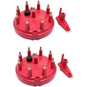 2 Sets Red DC 12V Ignition Distributor Cap and Rotor Kit 8233 Fits for Chevrolet GMC C1500 C2500 C3500 Ford Bronco Mustang F350 F250 F150 V8 5.0L 5.8L