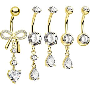 CM Crareesi Mania Belly Button Rings Pack 14G Belly Button Piercing Jewelry 316L Stainless Steel Belly Rings for Women 5PCS Dangle Navel Ring