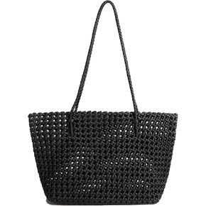 JINMANXUE Woven Tote Bag For Women,Travel Shoulder Bag, Large Hollow Beach Soft Satin Handbags Hand-woven Satchel Clutch