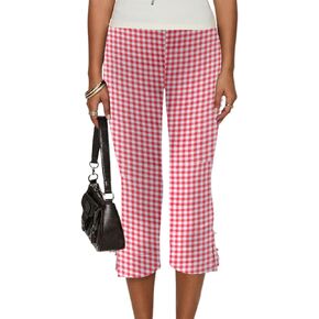 Y2k Capri Pants for Women Trendy Lace Ruffle Hem Flare Leggings Bell Bottom Skinny Gingham Cropped Bloomer Trousers