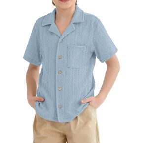 Boys Summer Cuban Collar Button Down Shirt Knit Ribbed Short Sleeve Casual T Shirt with Chest Pocket 5-14 Years
