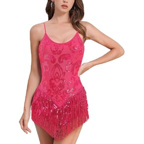 ODASDO Women Sparkly Sequin Fringe Bodysuit Tassel Leotard Backless Cami Straps Latin Jazz Samba Dance Party Costume