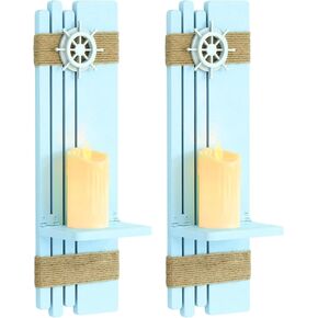2 Pcs Coastal Wall Decor Nautical Wall Candle Sconces Set of 2 Wall Candle Holder for Coastal Room Decor Farmhouse Beach Bathroom Decor Nautical Decorative Wall Candle Holder (Sea-Blue)