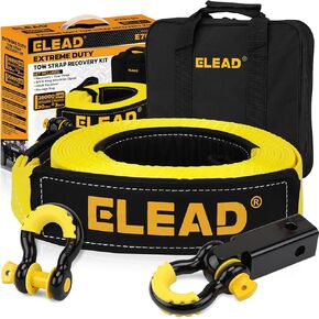 ELEAD Recovery Tow Strap Heavy Duty with Hooks 3" x 30Ft - 36000 LBS Break Strength, 2" Shackle Hitch Receiver + 3/4 D Ring Shackles (2pcs), Recovery Tow Rope for Truck, SUV, ATV Offroad Vehicle