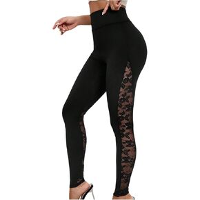Women's Floral Lace High Waited Leggings See Through Tummy Control Skinny Party Night Out Pants