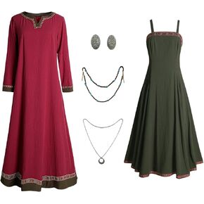 Women's Viking Costume Medieval Apron Underdress Necklace Brooches Peasant Costume