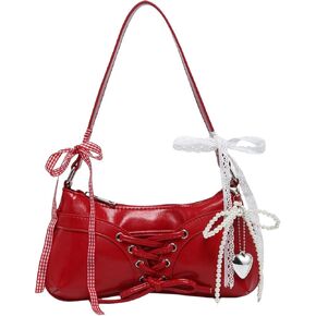 Verdusa Women's Y2K Coquette Bow Tie Vintage Shoulder Bags Lace PU Leather Kawaii Purse Handbag