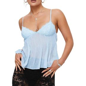 Women's Y2K Crop Lace Camisole Tie Up Front Sheer Curved Hemline Ruched Spaghetti Strap Backless Tank Tops