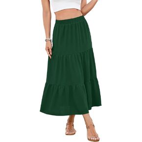 NILOUFO Women Summer High Waist Elastic A-Line Maxi Skirt Flowy Tiered Pleated Beach Vacation Skirts with Pockets
