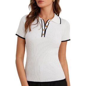 GRACE KARIN Women's Short Sleeve Sweaters Tops Polo V Neck Ribbed Knit Pullover Business Shirts 2025 Summer Outfits