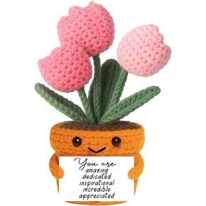 Handmade Crochet Tulips Flowers Gifts for Women, Daughter, Friends, Coworkers, Teachers, Nurse with Bloom with Grace Affirmation Card - Positive Inspirational Gift for Birthday, Graduation