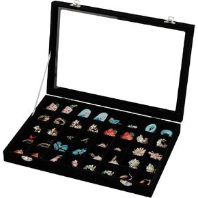 Frebeauty 48 Grid Jewelry Tray,Adjustable Earring Holder Organizer with Glass Lid,Velvet Drawer Jewelry Organizer for Rings,Studs,13.8 x 9.5 x 2 Inches Jewelry Display Box,Gift for Women(Beige)