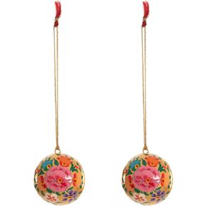 Christmas Hanging Handmade Paper Mache Decorative Xmas Tree Ornaments Décor with Hand Painted Floral Multicolour Design for Decoration and Gifting (Yellow Ball -Set of 2)