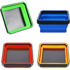 Collapsible Magnetic Parts Tray Set, Foldable Magnetic Tray, 4 Pieces 4.5 inch Square Silicone Bowls with Magnetic Base Stores and Organizes Small Parts and Tools