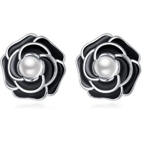 Reffeer Solid 925 Sterling Silver Flower Stud Earrings for Women Teens Black Flower Stud Earrings Pearls