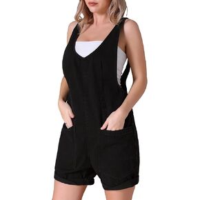Women's Denim Romper Sleeveless Casual Loose Jean Overall Shorts with Pockets