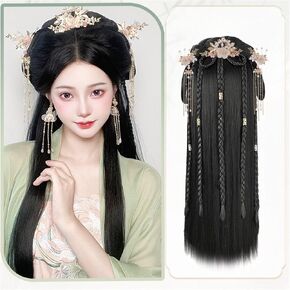 Fangool Chinese Style Women Wig Geisha Headband Wigs Ancient Chinese Headwear Wig Bun Hair Pieces Hanfu Headdress Cosplay Wigs(Lianyue,Wig+headwear)