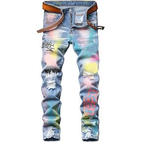 Enrica Men's Casual Printed Jeans Skinny Denim Pants