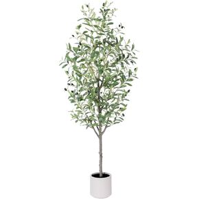 Olive Tree Artificial Indoor, 4ft Tall Silk Faux Olive Tree with White Planter, Artificial Plants with Natural Wood Trunk and Lifelike Fruits for Home Office Decor