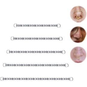 5Pcs Surgical Steel Across Top Nose Rings Chain for Women Nose Studs Nostril Chain for Women Men Chain Nose Piercing Jewelry Black, Gold, Silver