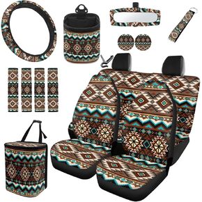 Dreaweet Aztec Brown Cow Print Seat Covers for Cars Full Set - Seat Covers Front and Back with Steering Wheel Cover Seatbelt Pad Coasters Trash Bag Air Vent Storage Bag Rearview Mirror Cover Keychain