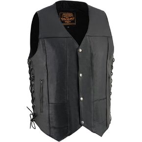 Milwaukee Leather SH1391 Men's Black Leather 10 Pocket V-Neck Side Lace Motorcycle Rider Vest w/Front Snap Closure