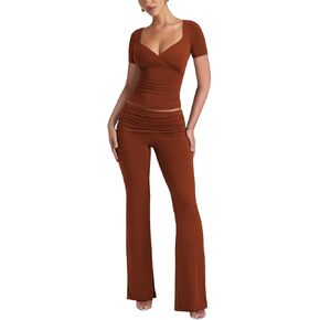 HESUUIO Two Piece Outfits for Women Tracksuit Short Sleeve Crop Top High Waist Foldover Flare Legging Pants Sets