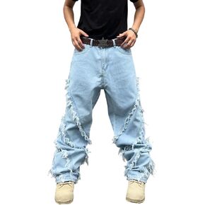 Mens Baggy Jeans Street Rock Style Fringe Frayed Edges Jeans Patchwork Wide Leg Skater Denim Pant