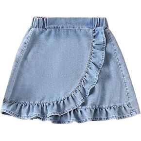 Floerns Girl's Casual Elastic Waist Denim Skirt Ruffle Trim Short Jean Skirts