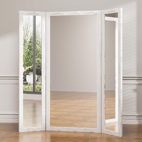 3 Way Full Length Trifold Mirror with Tempered Glass, 3 Panel Oversized Extra Large Free Standing Mirror with Rustic Wood Frame, for Wedding Dress/Clothing Shop/Bedroom/Closet, 71"x67", White