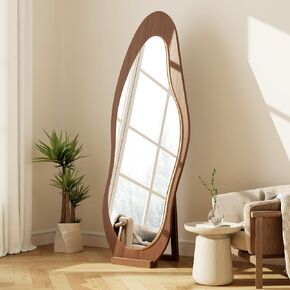 69"x 24" Wavy Mirror Full Length,Lights Irregular led Full Length Mirror, Wavy Wall Mirror,Shatter-Proof Hanging or Leaning Against Wall for Cloakroom/Bedroom/Living Room,Walnut