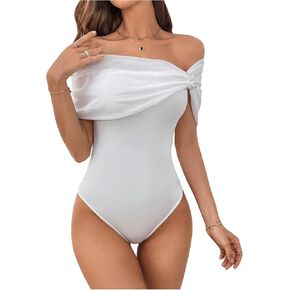 Floerns Women's Off Shoulder Short Sleeve Mesh Bodysuit Pearl Elegant Ruched Leotard
