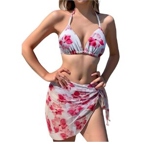 SweatyRocks Girl's 3 Piece Bathing Suit Floral Print Halter Triangle Swimsuit with Cover Up Skirt