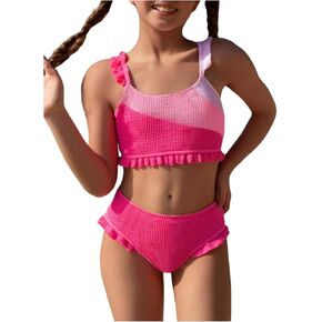 OYOANGLE Girl's Two Piece Swimsuit Ruffle High Waisted Bikini Set Cute Color Block Bathing Suit
