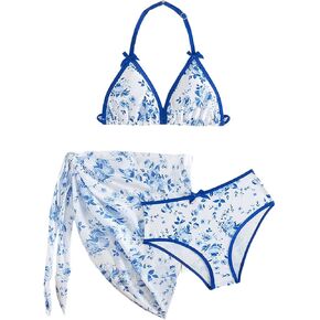 OYOANGLE Girl's 3 Piece Floral Print Bikini Swimsuit Triangle Halter Bathing Suits with Cover Up Beach Skirt