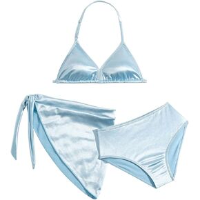 SHENHE Girl's 3 Piece Metallic Bathing Suit High Waisted Halter Triangle Bikini Set with Cover Up