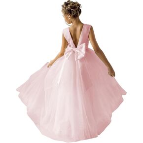 Flower Girls Dress for Wedding Satin Tulle Pageant Formal Communion Dress Pearls Prom Ball Gown with Bow-Knot