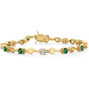 Gem Stone King 18K Yellow Gold Plated Silver Green Nano Emerald and White Lab Grown Diamond Bracelet For Women (2.72 Cttw, Gemstone May Birthstone, Round 4MM, 6.5, 7, 7.5 Inches)