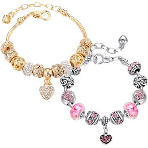 14K Gold Plated Love Locked Bracelets for Women, 2 Pcs, Gold and Pink, 7.5" + 1.5" Extender, with Crystal, Love Heart Charm